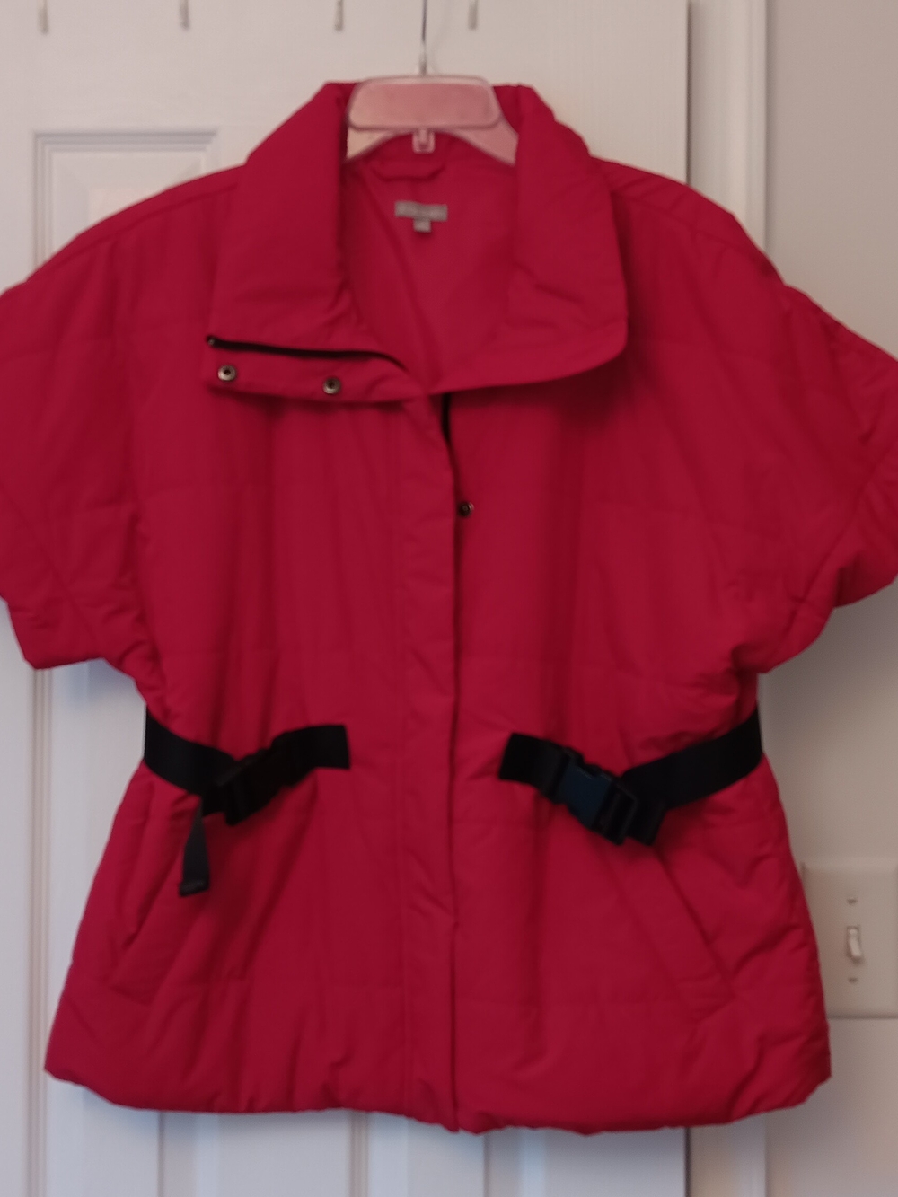 Talbots Bright Red Short-Sleeve Puffer Jacket with Black Waist Straps